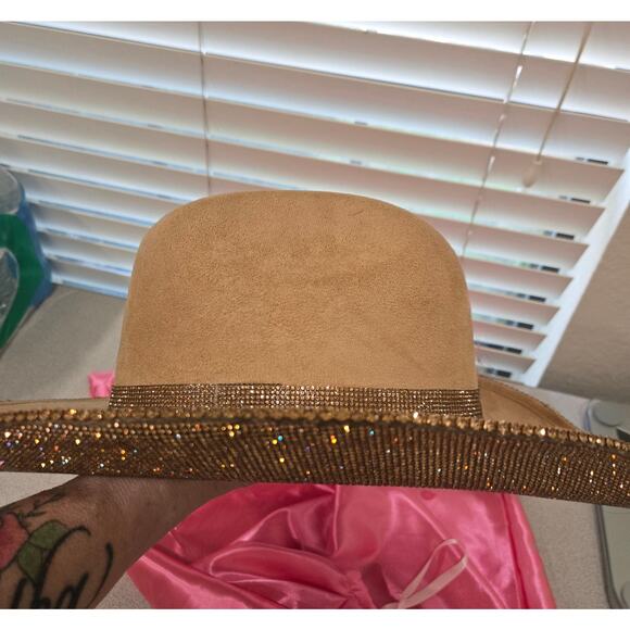 Rhinestone Cowgirl Tan Suede With Brown Rhinestone Cowboy Hat Large Custom Made main image 4